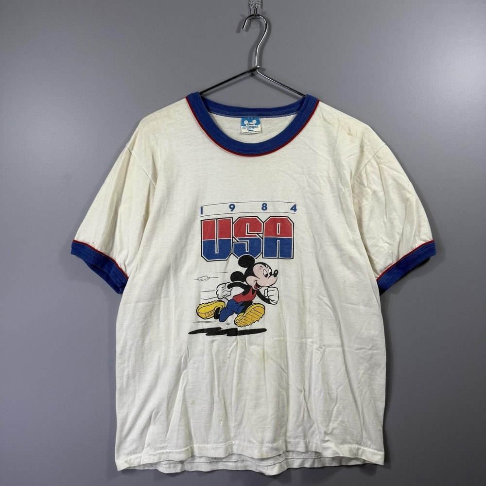 Vintage Disney Mickey Mouse USA 1984 Shirt Mens Large White Ringer Made USA 80s